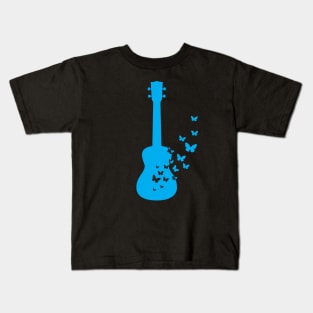 Ukulele Silhouette Turning Into Butterflies Blue Kids T-Shirt